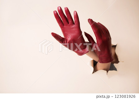Two female hands in leather burgundy gloves on a beige paper background Two female hands in leather burgundy gloves on a beige paper background 123081926