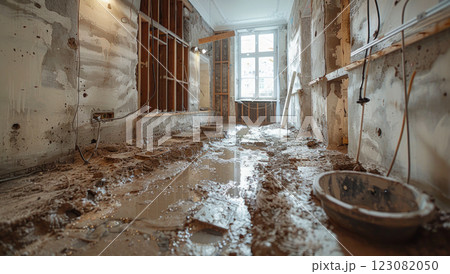 A bathroom under construction, with gray tiles on the walls. The floor is covered in dirt A bathroom under construction, with gray tiles on the walls. The floor is covered in dirt 123082050