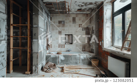 A bathroom under construction, with gray tiles on the walls. The floor is covered in dirt 123082051