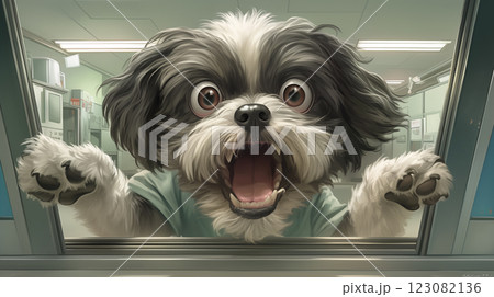 Rabid dog in veterinary hospital, quarantine, infectious department. Animal with rabies, saliva from mouth, aggressive. Banner copy space, animal with rabies, saliva from mouth, aggressive. Banner Rabid dog in veterinary hospital, quarantine, infectious department. Animal with rabies, saliva from mouth, aggressive. Banner copy space, animal with rabies, saliva from mouth, aggressive. Banner 123082136
