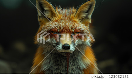 Rabid fox, animal with rabies, saliva from mouth, aggressive. Banner copy space 123082181