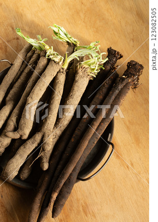 Two varieties of dietary healthy product scorzonera roots on a metal vintage tray, top view Two varieties of dietary healthy product scorzonera roots on a metal vintage tray, top view 123082505
