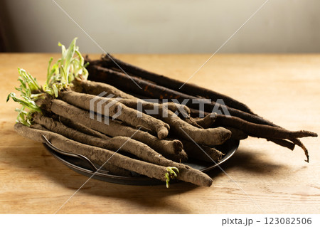 Two varieties of dietary healthy product scorzonera roots on a metal vintage tray Two varieties of dietary healthy product scorzonera roots on a metal vintage tray 123082506