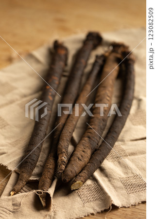 Dietary medicinal earth vegetable scorzonera on a linen napkin Dietary medicinal earth vegetable scorzonera on a linen napkin 123082509