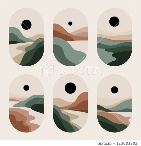 A set of abstract geometric landscapes featuring curved and layered elements. Ideal for modern art prints, posters, and creative backgrounds. A set of abstract geometric landscapes featuring curved and layered elements. Ideal for modern art prints, posters, and creative backgrounds. 123083202