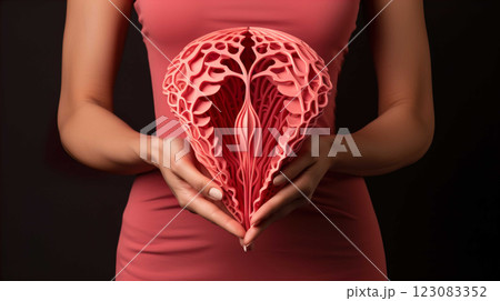Hand holding a womb shape made of paper,  Awareness of uterine disease, cancer , Generate AI 123083352