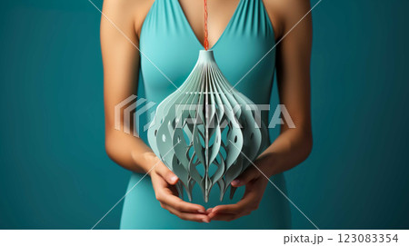 Hand holding a womb shape made of paper,  Awareness of uterine disease, cancer , Generate AI 123083354