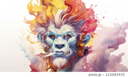 illlustration monkey king face , with crown gold , rainbow splash smoke   Generate AI 123083435