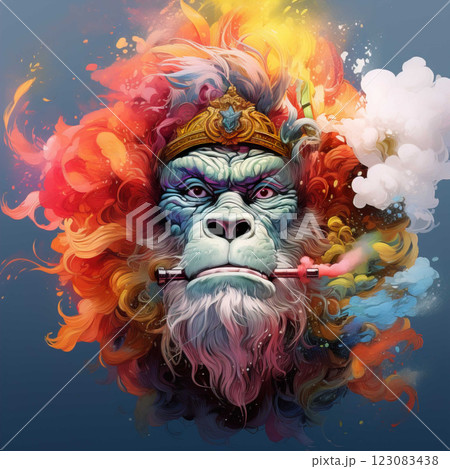 illlustration monkey king face , with crown gold , rainbow splash smoke Generate AI illlustration monkey king face , with crown gold , rainbow splash smoke Generate AI 123083438