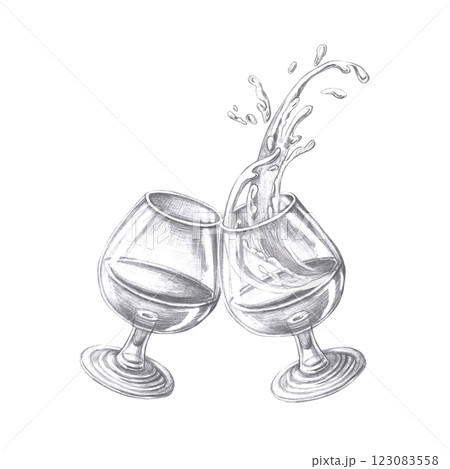 Two glasses of cognac clink. Isolated pencil illustration on the theme of alcoholic drinks for restaurant menu design, cocktail list, interior design. Two glasses of cognac clink. Isolated pencil illustration on the theme of alcoholic drinks for restaurant menu design, cocktail list, interior design. 123083558