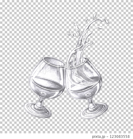 Two glasses of cognac clink. Isolated pencil illustration on the theme of alcoholic drinks for restaurant menu design, cocktail list, interior design. Two glasses of cognac clink. Isolated pencil illustration on the theme of alcoholic drinks for restaurant menu design, cocktail list, interior design. 123083558