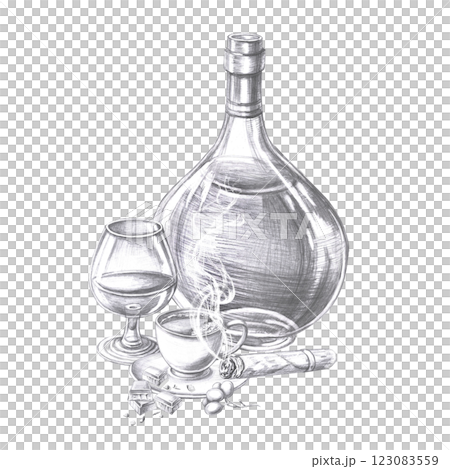 Composition with a bottle of cognac, a glass, a cup of coffee and a cigar. Isolated pencil illustration on the theme of alcoholic drinks for restaurant menu design, cocktail list, interior design. Composition with a bottle of cognac, a glass, a cup of coffee and a cigar. Isolated pencil illustration on the theme of alcoholic drinks for restaurant menu design, cocktail list, interior design. 123083559