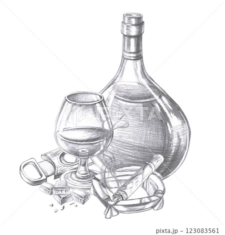 Composition with a bottle of cognac, a cigar and a cigar cutter. Pencil isolated illustration for cafes design, menu design and cookbooks. 123083561