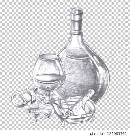 Composition with a bottle of cognac, a cigar and a cigar cutter. Pencil isolated illustration for cafes design, menu design and cookbooks. 123083561