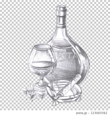 Bottle of cognac, glass and cigar. Pencil isolated illustration for cafes design, menu design and cookbooks. 123083562