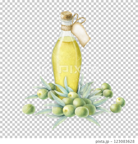 Olive oil in glass bottle with cork and label, olives piled and scattered around. Watercolor isolated illustration hand drawn in realistic style for food production, bottle label and vegetarian menu. 123083628