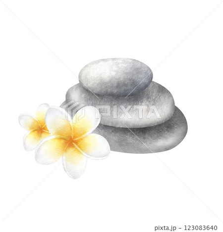 Stack of flat grey pebbles with plumeria flowers. Hand drawn watercolor illustration of balancing smooth stones with frangipani isolated from background. Drawing for meditation, spa or zen design. 123083640