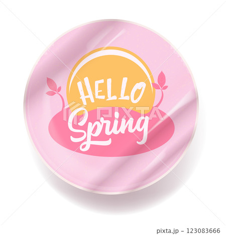 Hello spring round vector pink plastic sticker isolated on transparent white background. Kids Hello spring label, icon, print, banner design template with cartoon text, spring vibe. Hello march 123083666
