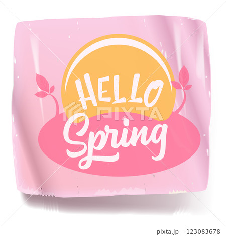 Hello spring vector pink plastic sticker isolated on transparent white background. Kids Hello spring label, icon, print, banner design template with cartoon text, spring vibe. Hello march Hello spring vector pink plastic sticker isolated on transparent white background. Kids Hello spring label, icon, print, banner design template with cartoon text, spring vibe. Hello march 123083678