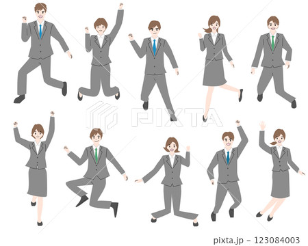 ジャンプするスーツ姿の男女のイラストセット ジャンプするスーツ姿の男女のイラストセット 123084003