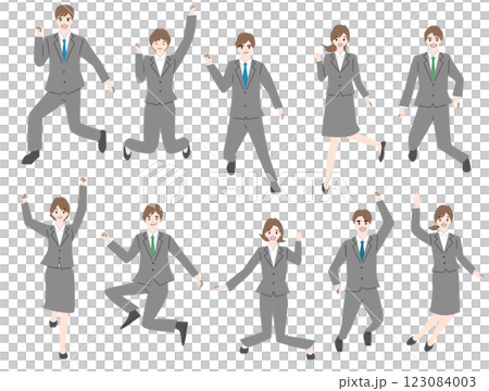 ジャンプするスーツ姿の男女のイラストセット ジャンプするスーツ姿の男女のイラストセット 123084003