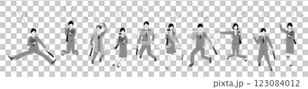 ジャンプするスーツ姿の男女のイラストセット 123084012
