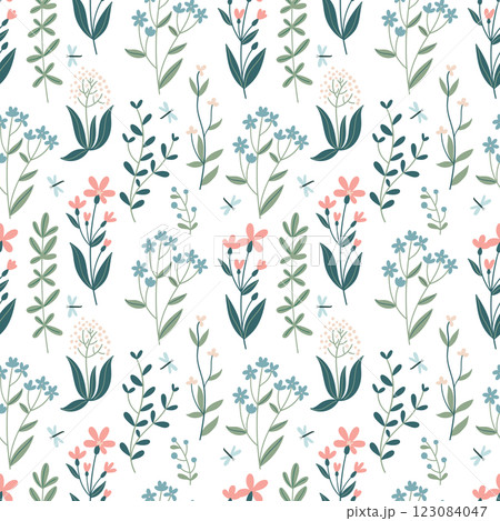 Seamless pattern with wildflowers, herbs and dragonflies. Simple hand drawn style. 123084047
