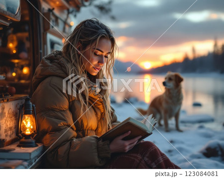 Young woman reading a book in camper van at sunset with her dog 123084081