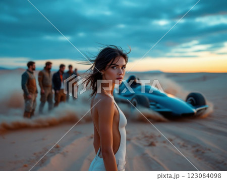 Model posing in the desert with a futuristic racing car drifting 123084098