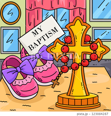 Baptism Cross, Baby Shoes and Rosary Colored Baptism Cross, Baby Shoes and Rosary Colored 123084287