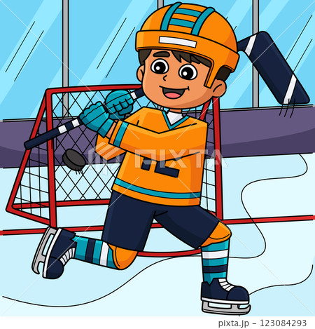 Ice Hockey Boy Player Making Goal Colored Cartoon Ice Hockey Boy Player Making Goal Colored Cartoon 123084293