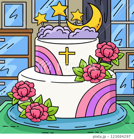 Baptism Cake Colored Cartoon Illustration Baptism Cake Colored Cartoon Illustration 123084297