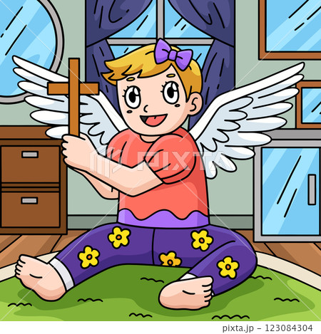 Baptism Baby Holding Cross Colored Cartoon  123084304