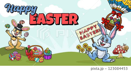 Happy Easter Egg Hunting Poster Panoramic Banner Happy Easter Egg Hunting Poster Panoramic Banner 123084453