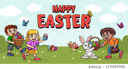 Happy Easter Egg Hunting Poster Panoramic Banner Happy Easter Egg Hunting Poster Panoramic Banner 123084508
