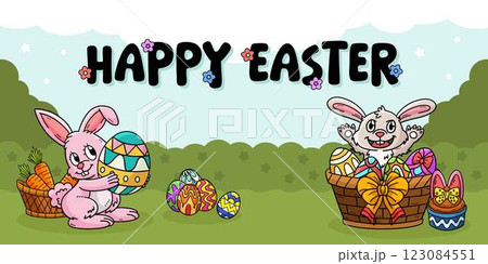 Happy Easter Egg Hunting Poster Panoramic Banner  123084551