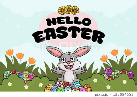 Happy Easter Egg Hunting Poster Horizontal Banner Happy Easter Egg Hunting Poster Horizontal Banner 123084558