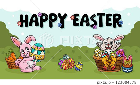 Happy Easter Egg Hunting Poster Horizontal Banner Happy Easter Egg Hunting Poster Horizontal Banner 123084579
