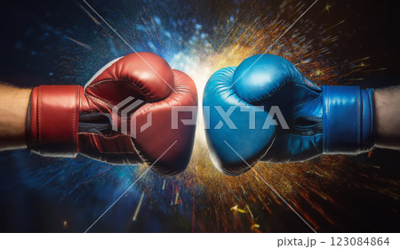 Red vs blue two boxing gloves punch each other creating sparks on a black background. Opposing competitors confrontation, sport power fight or battle advertising concept 123084864