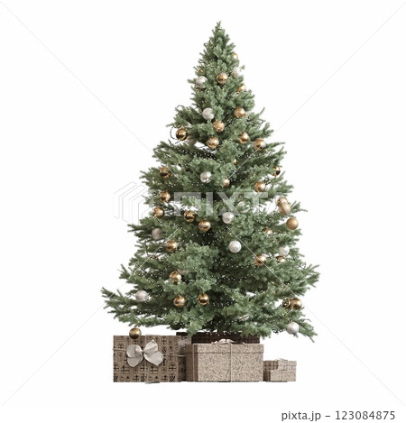 Christmas tree with decorations, isolated on white background, 3D illustration, cg render 123084875