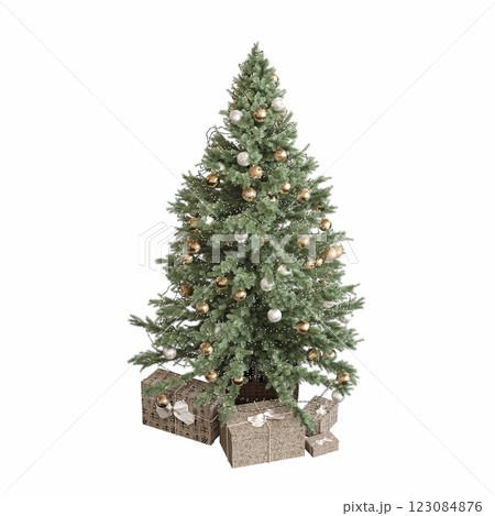 Christmas tree with decorations, isolated on white background, 3D illustration, cg render Christmas tree with decorations, isolated on white background, 3D illustration, cg render 123084876