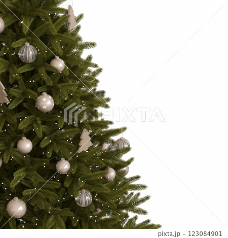 Christmas tree with decorations, isolated on white background, 3D illustration, cg render Christmas tree with decorations, isolated on white background, 3D illustration, cg render 123084901
