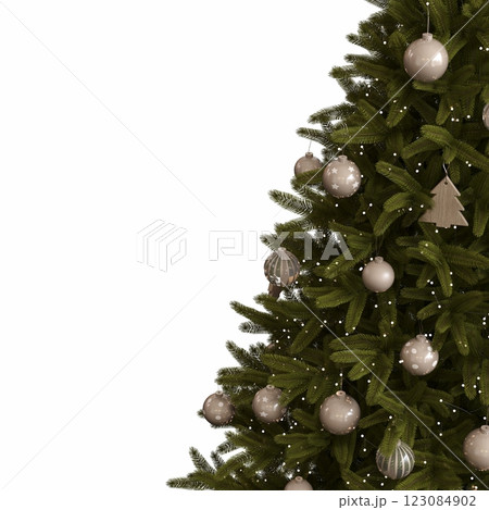 Christmas tree with decorations, isolated on white background, 3D illustration, cg render Christmas tree with decorations, isolated on white background, 3D illustration, cg render 123084902