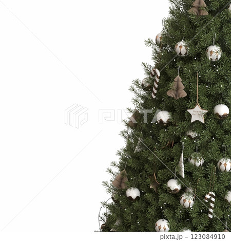 Christmas tree with decorations, isolated on white background, 3D illustration, cg render Christmas tree with decorations, isolated on white background, 3D illustration, cg render 123084910