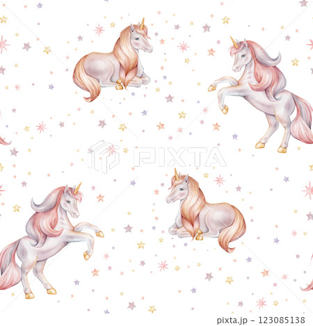 Seamless watercolor pattern with Unicorn and multicolored stars. Hand drawn Illustrations of background for nursery wallpaper, baby decor, textiles, or children paper. Pastel colors pony 123085138