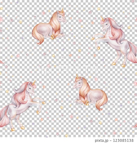 Seamless watercolor pattern with Unicorn and multicolored stars. Hand drawn Illustrations of background for nursery wallpaper, baby decor, textiles, or children paper. Pastel colors pony 123085138