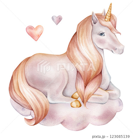 Hand drawn watercolor illustration of the Unicorn sitting on cloud with hearts. Cute yellow pink horse for Baby shower invitations or nursery wall art. Pastel Fantasy pony for kids greeting cards. 123085139