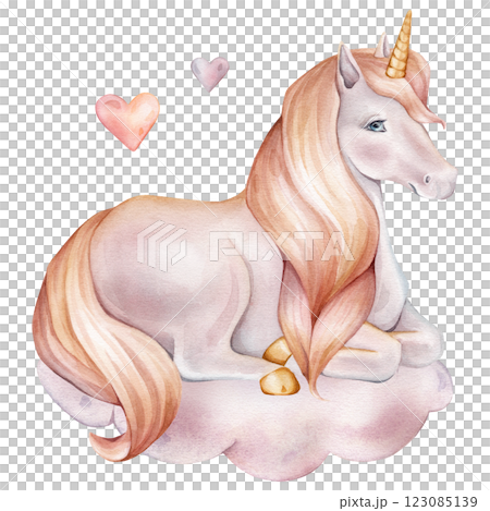 Hand drawn watercolor illustration of the Unicorn sitting on cloud with hearts. Cute yellow pink horse for Baby shower invitations or nursery wall art. Pastel Fantasy pony for kids greeting cards. 123085139