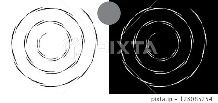 Circle abstract background with dynamic halftone dots in spiral. Black shape on a white background and the same white shape on the black side. Circle abstract background with dynamic halftone dots in spiral. Black shape on a white background and the same white shape on the black side. 123085254