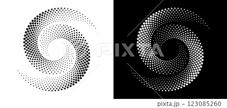 Circle abstract background with dynamic halftone dots in spiral. Yin and yang style. Black shape on a white background and the same white shape on the black side. Circle abstract background with dynamic halftone dots in spiral. Yin and yang style. Black shape on a white background and the same white shape on the black side. 123085260